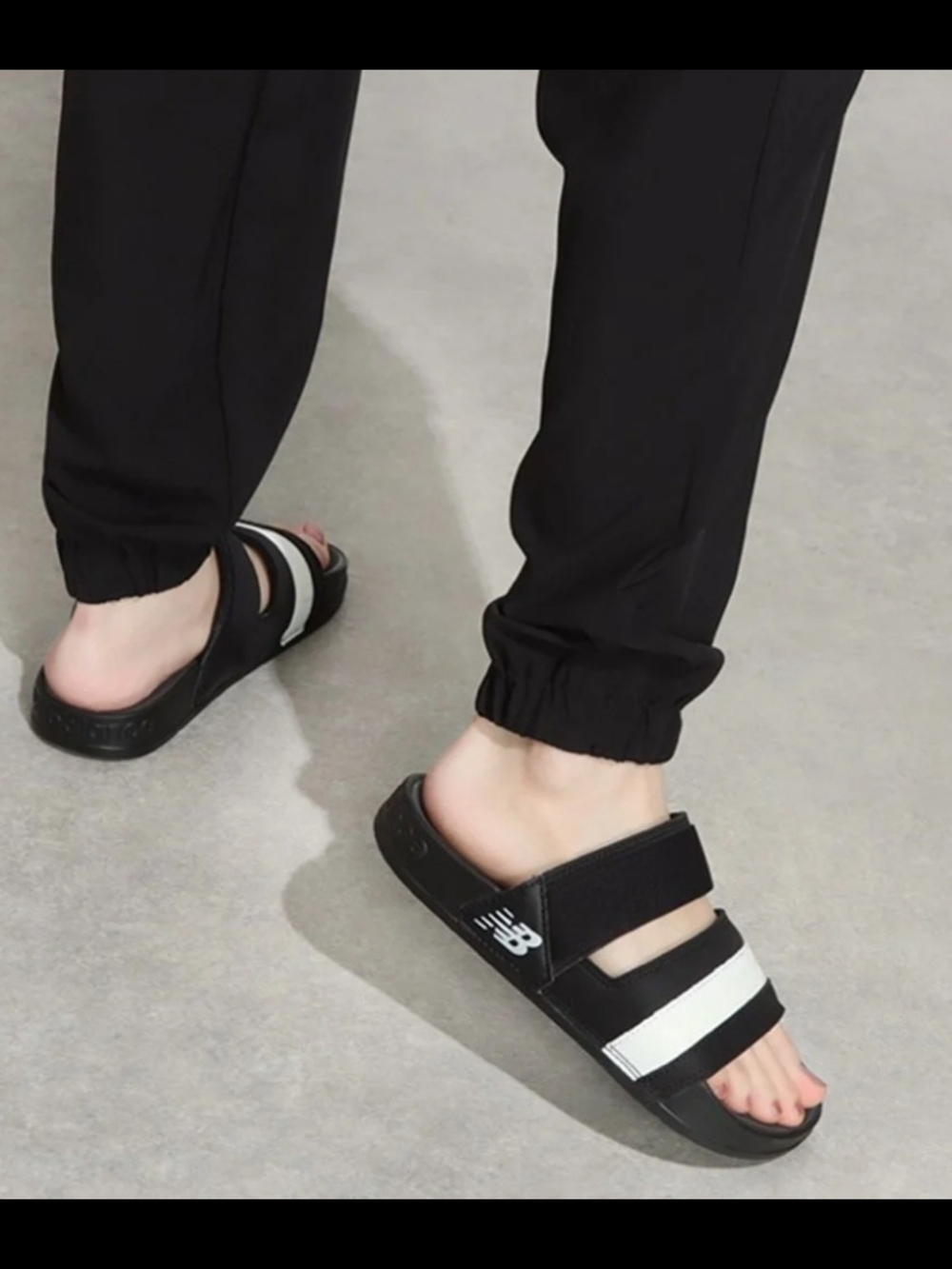 New Balance Black and White Double-Strap Slide Sandals